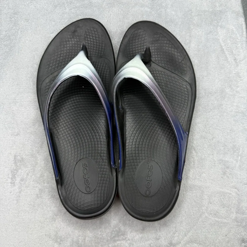 OOFOS OOlala Luxe Women's Size 11 Black Iris Blue Recovery Thong Sandals